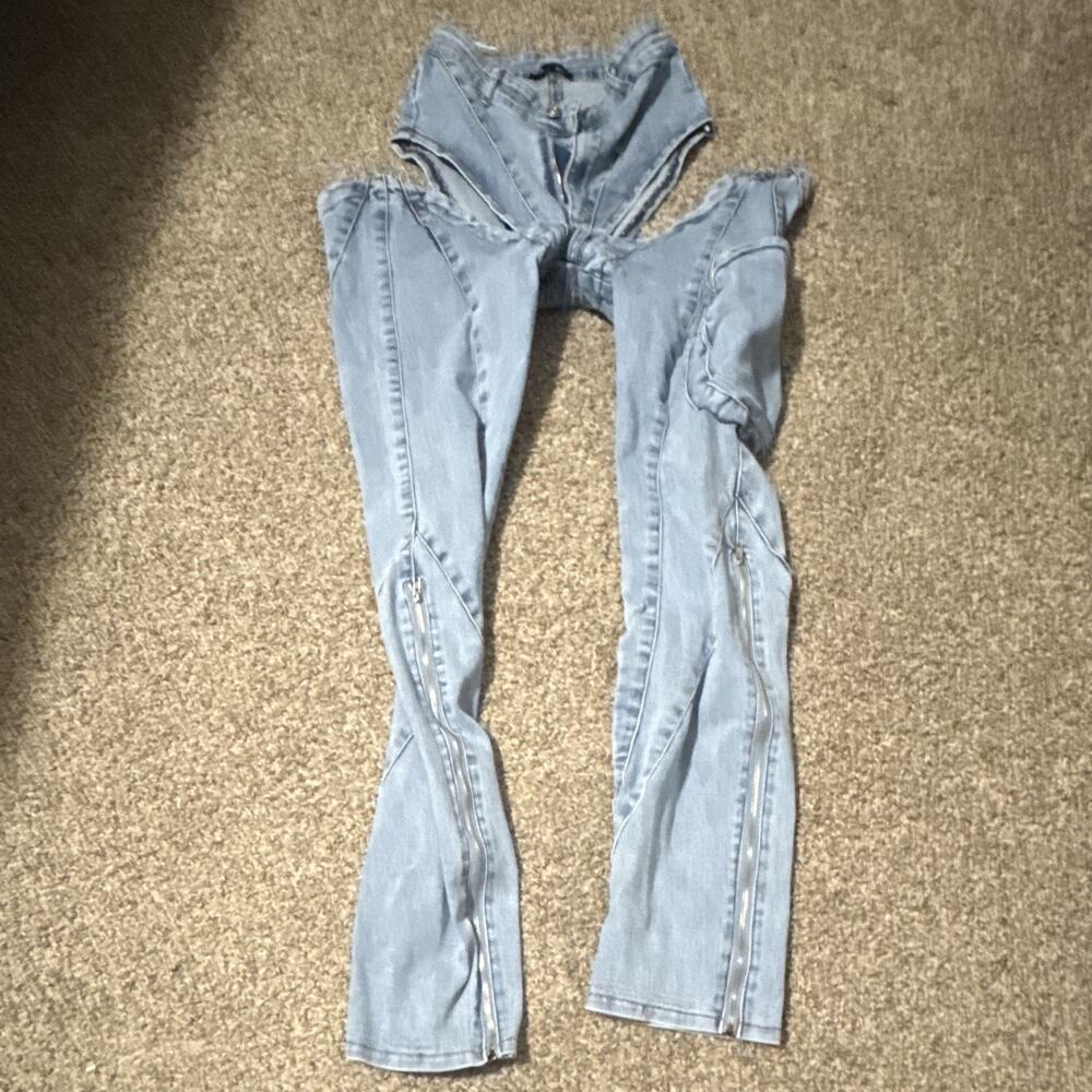 Queen Womens Straight Jeans S Blue Solid Denim Light Wash Pockets Zipper